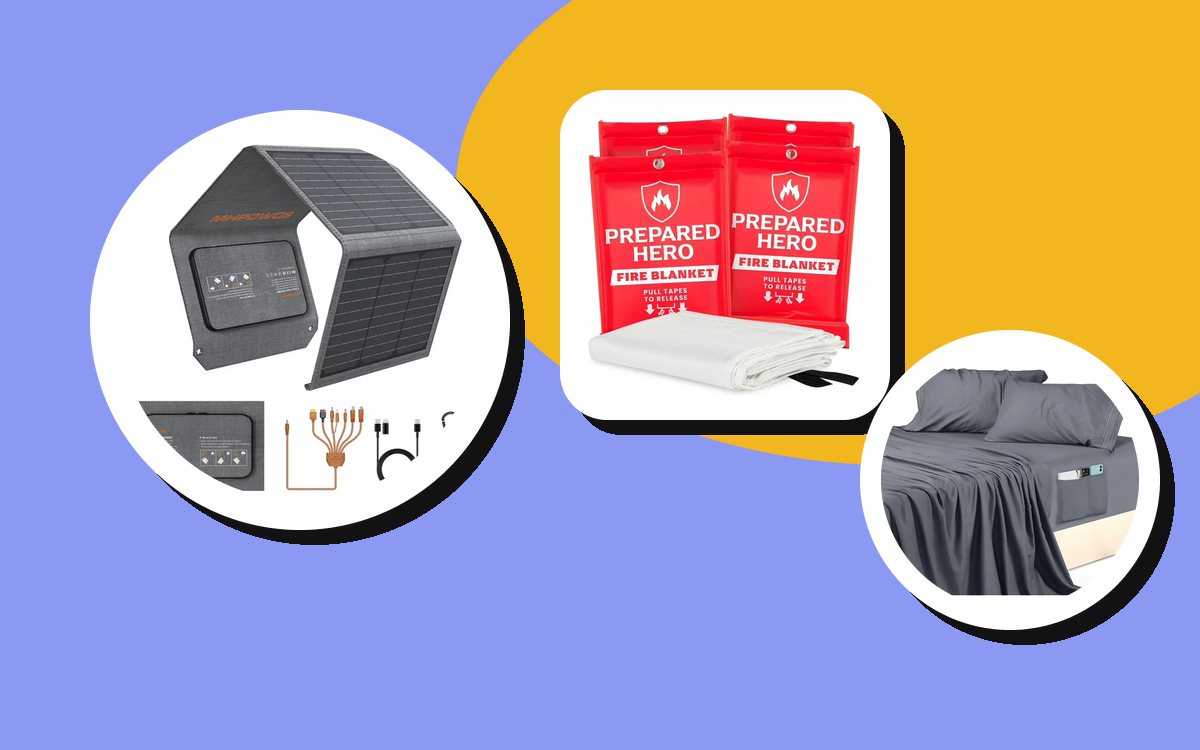A portable solar charger, a pack of fire blankets and gray bed sheets arranged on blue and yellow shapes