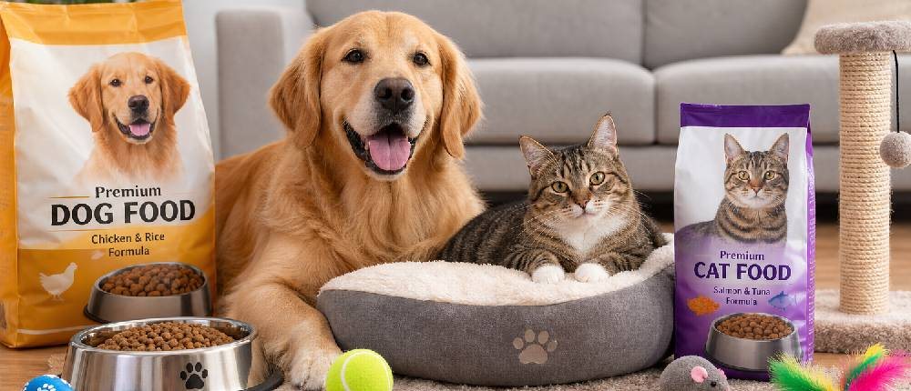 A golden retriever and a tabby cat resting beside bags of dog and cat food